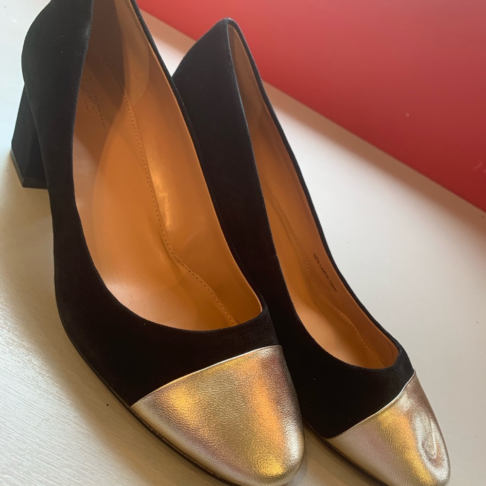 J.Crew black suede gold cap-toe block heels. 9.5